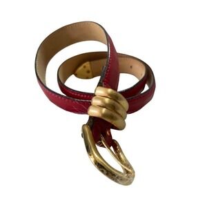 Red Leather Belt With Gold Buckle & Spiral Detail By Riki Designs Small Size Gen